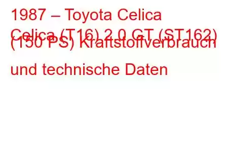 1987 – Toyota Celica
Celica (T16) 2.0 GT (ST162) (150 PS) Kraftstoffverbrauch und technische Daten