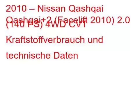 2010 – Nissan Qashqai
Qashqai+2 (Facelift 2010) 2.0 (140 PS) 4WD CVT Kraftstoffverbrauch und technische Daten