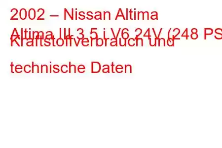 2002 – Nissan Altima
Altima III 3.5 i V6 24V (248 PS) Kraftstoffverbrauch und technische Daten