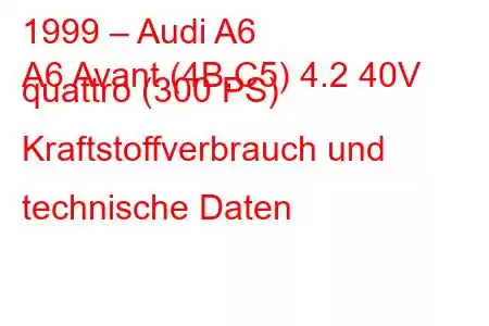 1999 – Audi A6
A6 Avant (4B,C5) 4.2 40V quattro (300 PS) Kraftstoffverbrauch und technische Daten