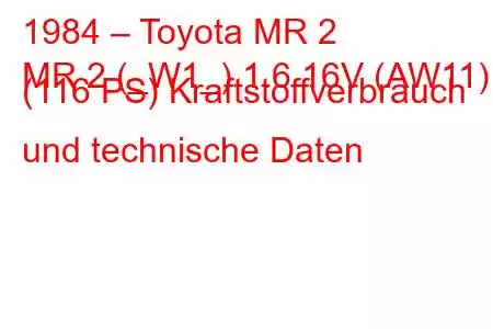 1984 – Toyota MR 2
MR 2 (_W1_) 1.6 16V (AW11) (116 PS) Kraftstoffverbrauch und technische Daten