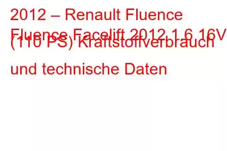 2012 – Renault Fluence
Fluence Facelift 2012 1.6 16V (110 PS) Kraftstoffverbrauch und technische Daten