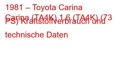 1981 – Toyota Carina
Carina (TA4K) 1.6 (TA4K) (73 PS) Kraftstoffverbrauch und technische Daten