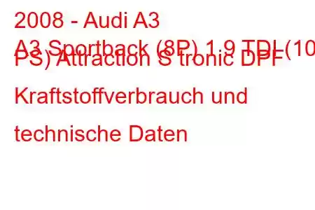 2008 - Audi A3
A3 Sportback (8P) 1.9 TDI (105 PS) Attraction S tronic DPF Kraftstoffverbrauch und technische Daten