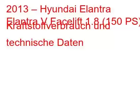 2013 – Hyundai Elantra
Elantra V Facelift 1.8 (150 PS) Kraftstoffverbrauch und technische Daten