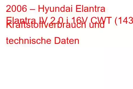 2006 – Hyundai Elantra
Elantra IV 2.0 i 16V CWT (143) Kraftstoffverbrauch und technische Daten