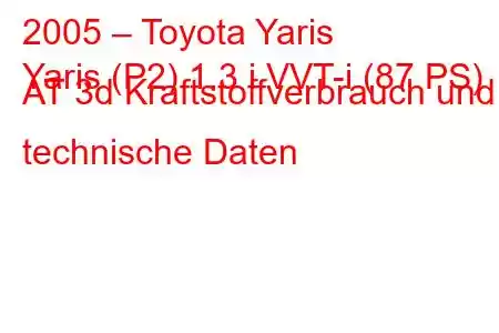 2005 – Toyota Yaris
Yaris (P2) 1.3 i VVT-i (87 PS) AT 3d Kraftstoffverbrauch und technische Daten