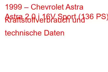 1999 – Chevrolet Astra
Astra 2.0 i 16V Sport (136 PS) Kraftstoffverbrauch und technische Daten