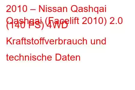 2010 – Nissan Qashqai
Qashqai (Facelift 2010) 2.0 (140 PS) 4WD Kraftstoffverbrauch und technische Daten