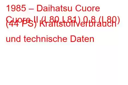 1985 – Daihatsu Cuore
Cuore II (L80,L81) 0,8 (L80) (44 PS) Kraftstoffverbrauch und technische Daten