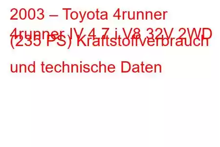 2003 – Toyota 4runner
4runner IV 4.7 i V8 32V 2WD (235 PS) Kraftstoffverbrauch und technische Daten