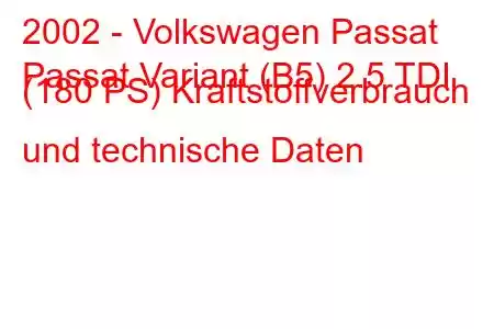 2002 - Volkswagen Passat
Passat Variant (B5) 2.5 TDI (180 PS) Kraftstoffverbrauch und technische Daten