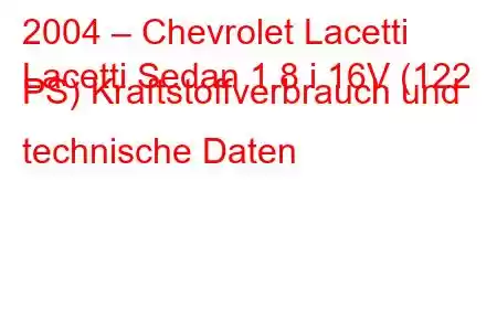 2004 – Chevrolet Lacetti
Lacetti Sedan 1.8 i 16V (122 PS) Kraftstoffverbrauch und technische Daten