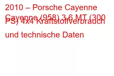 2010 – Porsche Cayenne
Cayenne (958) 3,6 MT (300 PS) 4x4 Kraftstoffverbrauch und technische Daten