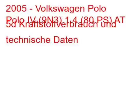 2005 - Volkswagen Polo
Polo IV (9N3) 1.4 (80 PS) AT 5d Kraftstoffverbrauch und technische Daten