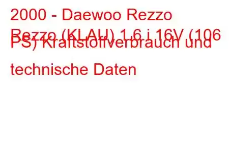 2000 - Daewoo Rezzo
Rezzo (KLAU) 1.6 i 16V (106 PS) Kraftstoffverbrauch und technische Daten