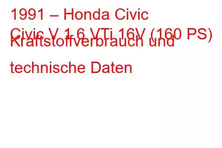 1991 – Honda Civic
Civic V 1.6 VTi 16V (160 PS) Kraftstoffverbrauch und technische Daten