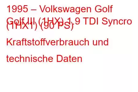 1995 – Volkswagen Golf
Golf III (1HX) 1.9 TDI Syncro (1HX1) (90 PS) Kraftstoffverbrauch und technische Daten