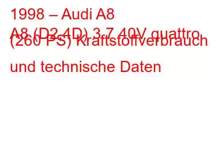 1998 – Audi A8
A8 (D2,4D) 3.7 40V quattro (260 PS) Kraftstoffverbrauch und technische Daten