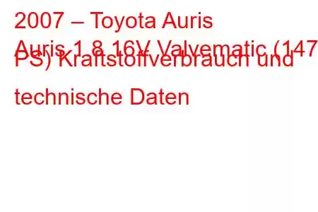 2007 – Toyota Auris
Auris 1.8 16V Valvematic (147 PS) Kraftstoffverbrauch und technische Daten