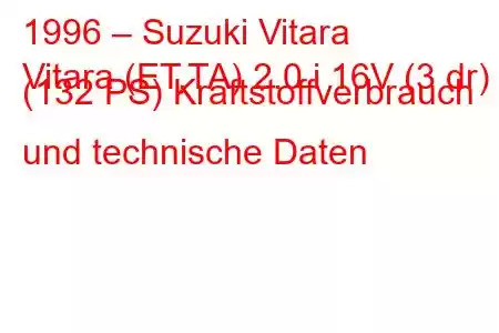 1996 – Suzuki Vitara
Vitara (ET,TA) 2.0 i 16V (3 dr) (132 PS) Kraftstoffverbrauch und technische Daten