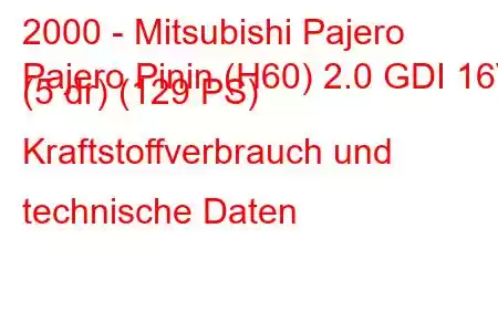 2000 - Mitsubishi Pajero
Pajero Pinin (H60) 2.0 GDI 16V (5 dr) (129 PS) Kraftstoffverbrauch und technische Daten