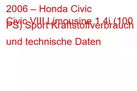 2006 – Honda Civic
Civic VIII Limousine 1.4i (100 PS) Sport Kraftstoffverbrauch und technische Daten