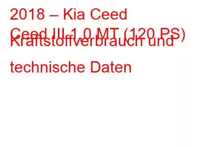 2018 – Kia Ceed
Ceed III 1,0 MT (120 PS) Kraftstoffverbrauch und technische Daten