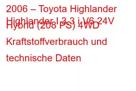 2006 – Toyota Highlander
Highlander I 3.3 i V6 24V Hybrid (208 PS) 4WD Kraftstoffverbrauch und technische Daten