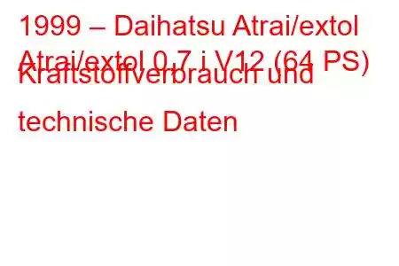 1999 – Daihatsu Atrai/extol
Atrai/extol 0,7 i V12 (64 PS) Kraftstoffverbrauch und technische Daten