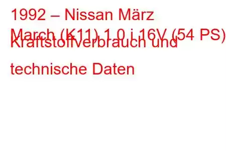 1992 – Nissan März
March (K11) 1.0 i 16V (54 PS) Kraftstoffverbrauch und technische Daten