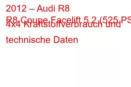 2012 – Audi R8
R8 Coupe Facelift 5.2 (525 PS) 4x4 Kraftstoffverbrauch und technische Daten