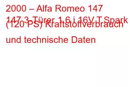 2000 – Alfa Romeo 147
147 3-Türer 1.6 i 16V T.Spark (120 PS) Kraftstoffverbrauch und technische Daten