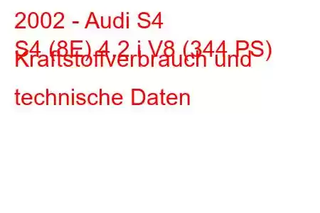 2002 - Audi S4
S4 (8E) 4.2 i V8 (344 PS) Kraftstoffverbrauch und technische Daten