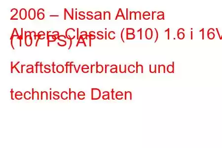 2006 – Nissan Almera
Almera Classic (B10) 1.6 i 16V (107 PS) AT Kraftstoffverbrauch und technische Daten