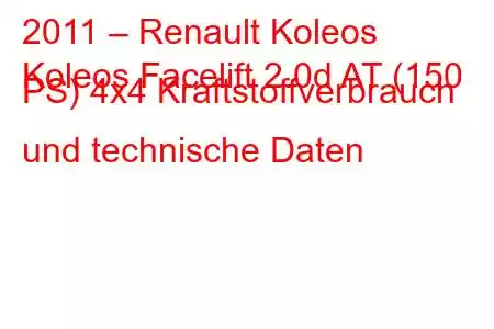 2011 – Renault Koleos
Koleos Facelift 2.0d AT (150 PS) 4x4 Kraftstoffverbrauch und technische Daten