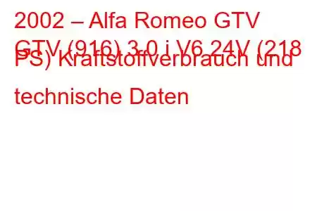 2002 – Alfa Romeo GTV
GTV (916) 3.0 i V6 24V (218 PS) Kraftstoffverbrauch und technische Daten