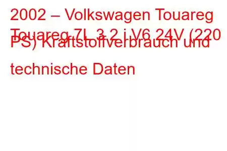 2002 – Volkswagen Touareg
Touareg 7L 3.2 i V6 24V (220 PS) Kraftstoffverbrauch und technische Daten