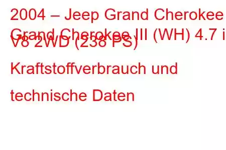 2004 – Jeep Grand Cherokee
Grand Cherokee III (WH) 4.7 i V8 2WD (238 PS) Kraftstoffverbrauch und technische Daten