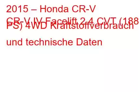 2015 – Honda CR-V
CR-V IV Facelift 2.4 CVT (188 PS) 4WD Kraftstoffverbrauch und technische Daten