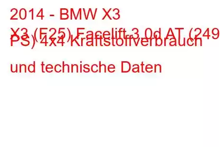 2014 - BMW X3
X3 (F25) Facelift 3.0d AT (249 PS) 4x4 Kraftstoffverbrauch und technische Daten