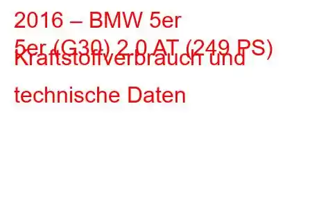 2016 – BMW 5er
5er (G30) 2.0 AT (249 PS) Kraftstoffverbrauch und technische Daten