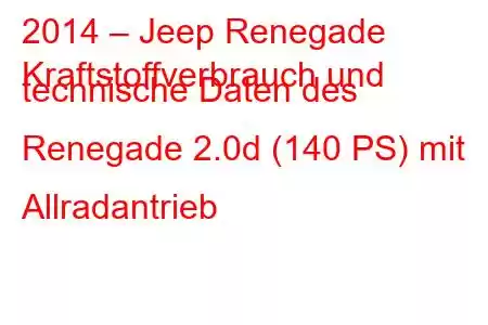 2014 – Jeep Renegade
Kraftstoffverbrauch und technische Daten des Renegade 2.0d (140 PS) mit Allradantrieb