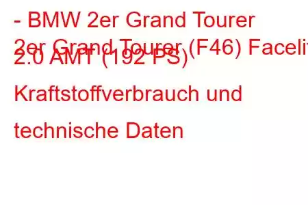 - BMW 2er Grand Tourer
2er Grand Tourer (F46) Facelift 2.0 AMT (192 PS) Kraftstoffverbrauch und technische Daten