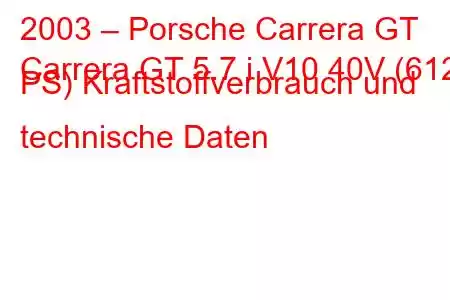 2003 – Porsche Carrera GT
Carrera GT 5.7 i V10 40V (612 PS) Kraftstoffverbrauch und technische Daten