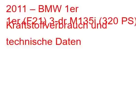 2011 – BMW 1er
1er (F21) 3-dr M135i (320 PS) Kraftstoffverbrauch und technische Daten