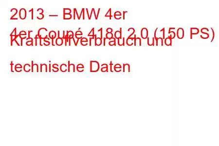 2013 – BMW 4er
4er Coupé 418d 2.0 (150 PS) Kraftstoffverbrauch und technische Daten