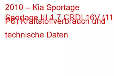 2010 – Kia Sportage
Sportage III 1.7 CRDI 16V (115 PS) Kraftstoffverbrauch und technische Daten