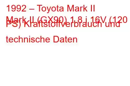 1992 – Toyota Mark II
Mark II (GX90) 1.8 i 16V (120 PS) Kraftstoffverbrauch und technische Daten