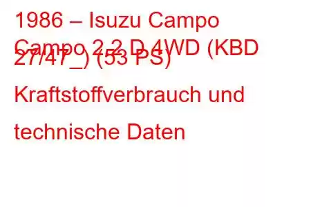 1986 – Isuzu Campo
Campo 2.2 D 4WD (KBD 27/47_) (53 PS) Kraftstoffverbrauch und technische Daten